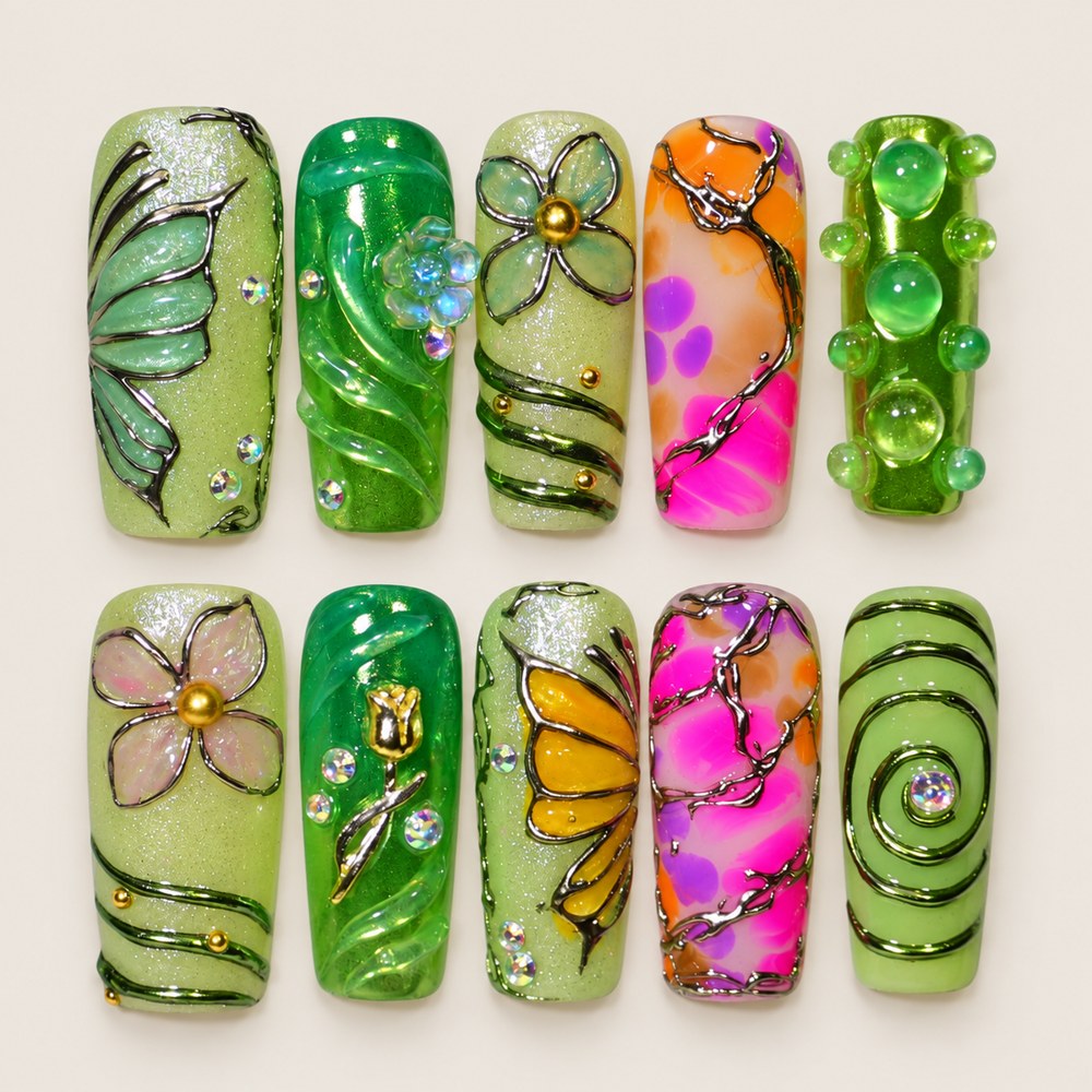 ACEGRIP Jade Floral press-on nails in green, pink, and gold tones, with floral accents, style DX7009