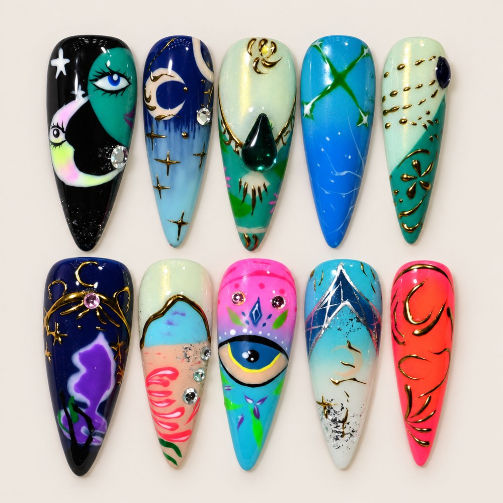 Azure Gaze Moonlight - Blue Eye & Crescent-Moon Press-On Nails
