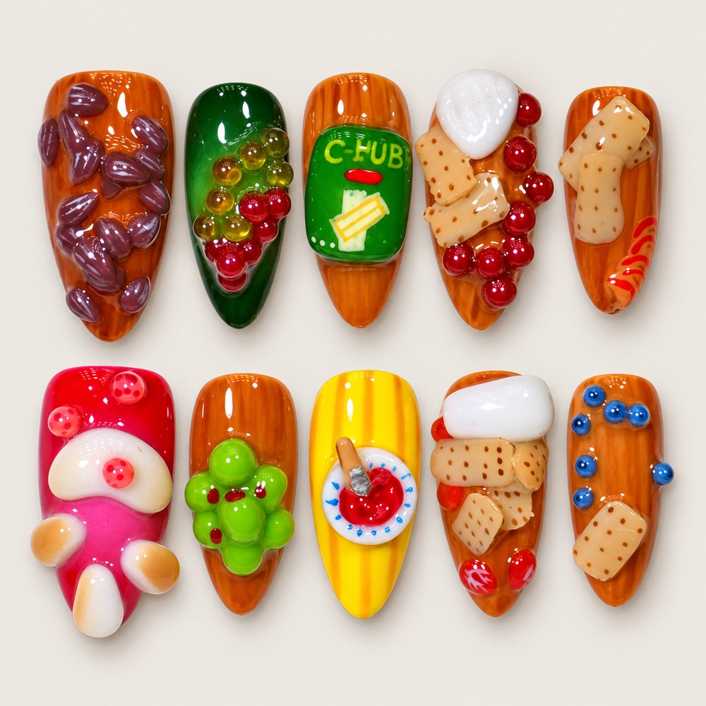 ACEGRIP Cocoa Confections press-on nails in brown, cream, yellow, and red, with dessert and candy accents, style DX7011