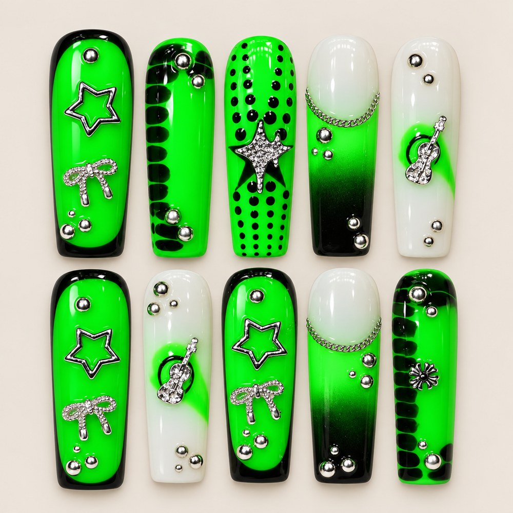 Lime Starlight - Lime Green Star & Polka Dot Press-On Nails