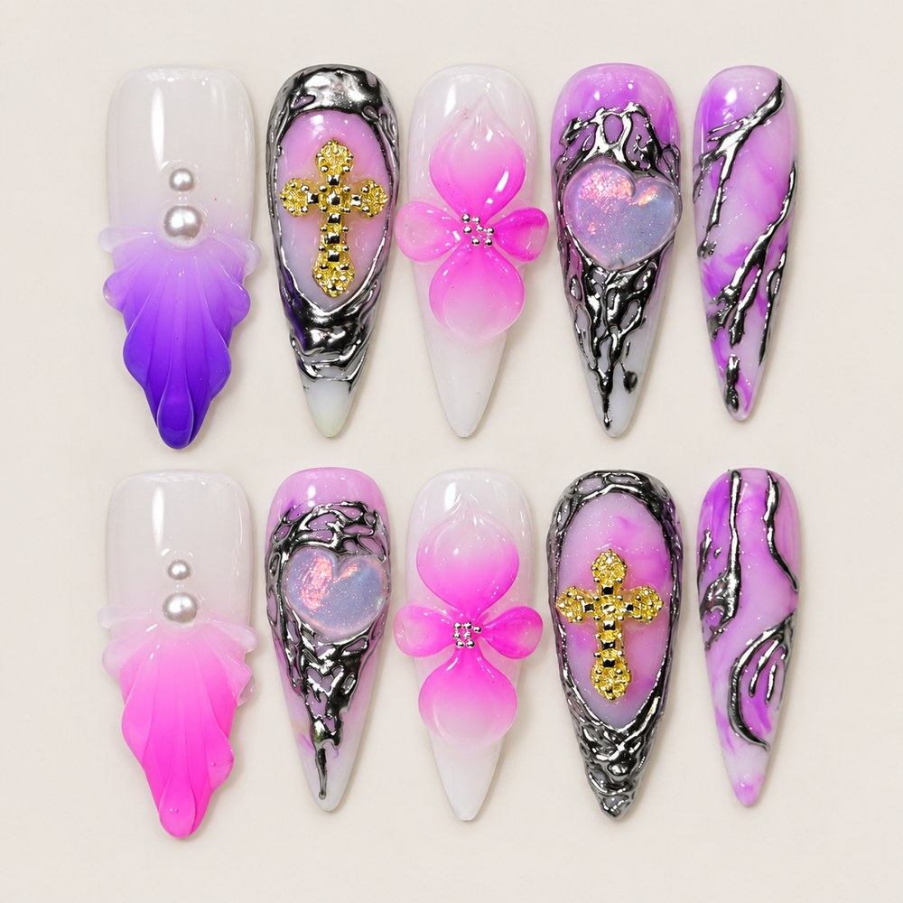 Ivory Cross Petals - White Cross & Floral Press-On Nails