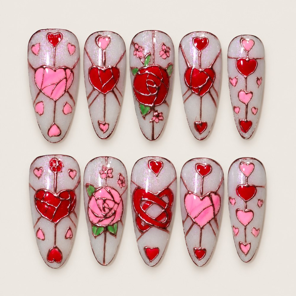 Ivory Hearts - White Heart & Rose Press-On Nails