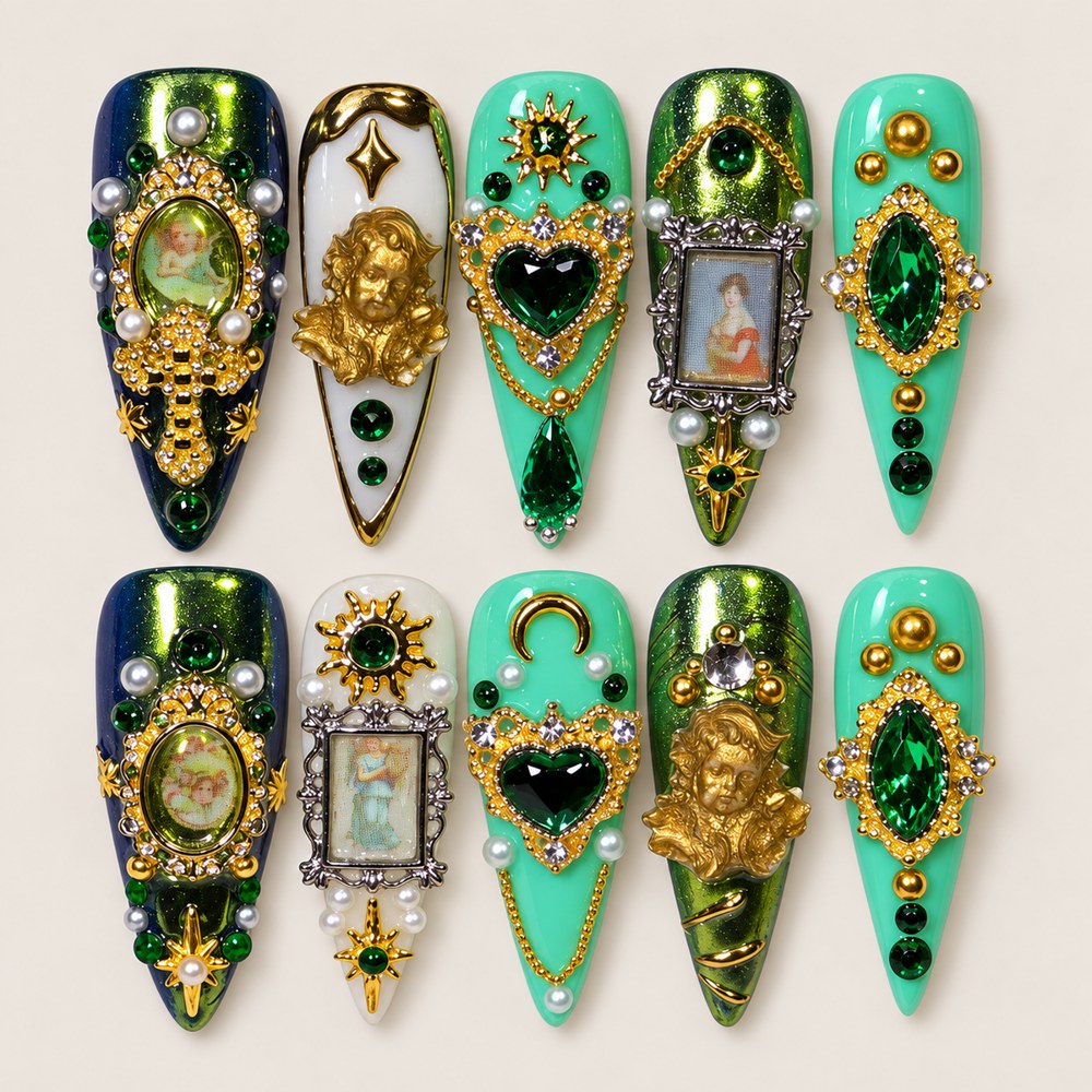 Jade Cameo - Green Ornamental & Heart Press-On Nails