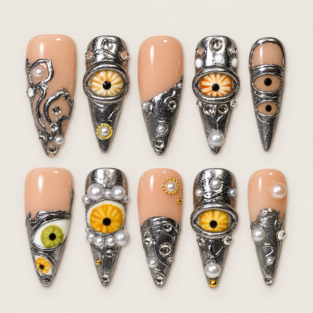 Blush Gaze - Peach Nude Eye & Ornamental Press-On Nails