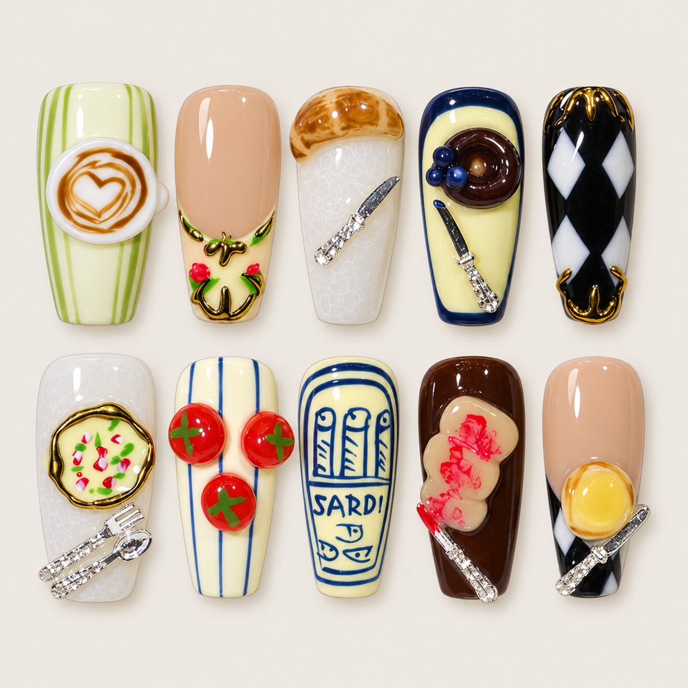 Cream Diner - Cream Miniature Food & Coffee-Themed Press-On Nails