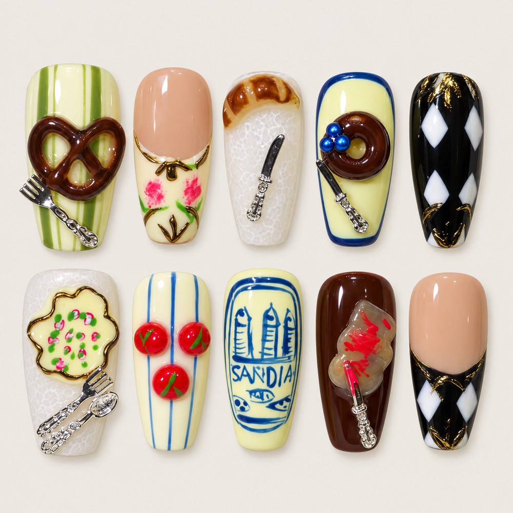 ACEGRIP Cream Pretzel press-on nails in cream, green, brown, and black, with pretzel-shaped accents, style DX7022
