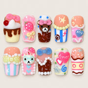ACEGRIP Rose Candy Companions press-on nails in pink, blue, white, and brown, with dessert and candy accents, style DX7024