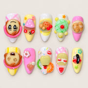 ACEGRIP Rose Expressions Fruit Market press-on nails in pink, yellow, green, and white, with expressive face motifs, style DX7025