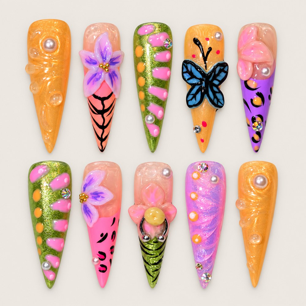 Clementine Petals - Orange Floral & Butterfly Press-On Nails