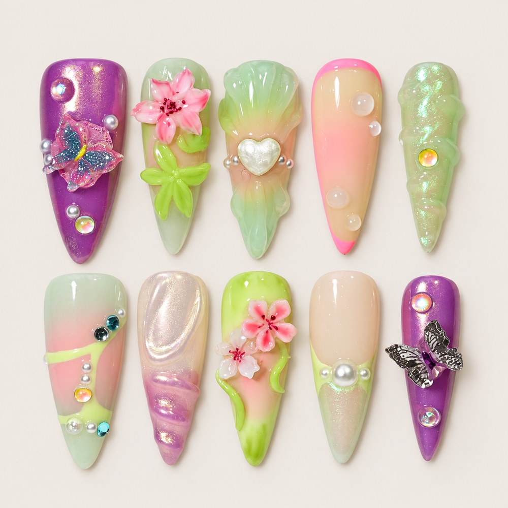 ACEGRIP Mint Bloom press-on nails in mint green, pink, purple, and peach nude, with floral accents, style DX7027