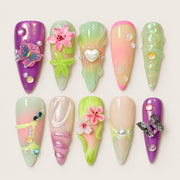 ACEGRIP Mint Bloom press-on nails in mint green, pink, purple, and peach nude, with floral accents, style DX7027