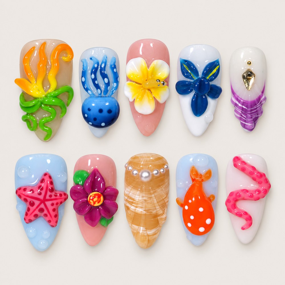Rose Petal Starfish - Pink Floral & Starfish Press-On Nails