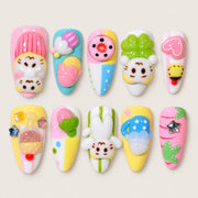 ACEGRIP Rose Companions Candy press-on nails in pink, blue, green, and yellow, with animal accents, style DX7031