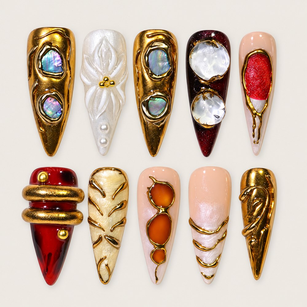 ACEGRIP Golden Cameo press-on nails in gold tones, white, red, and peach nude, with ornamental frames, style DX7033