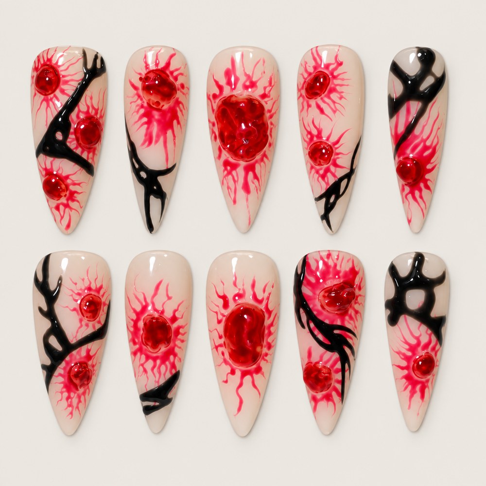 ACEGRIP Blush Bloom Branches press-on nails in peach nude, white, red, and black, with floral accents, style DX7035