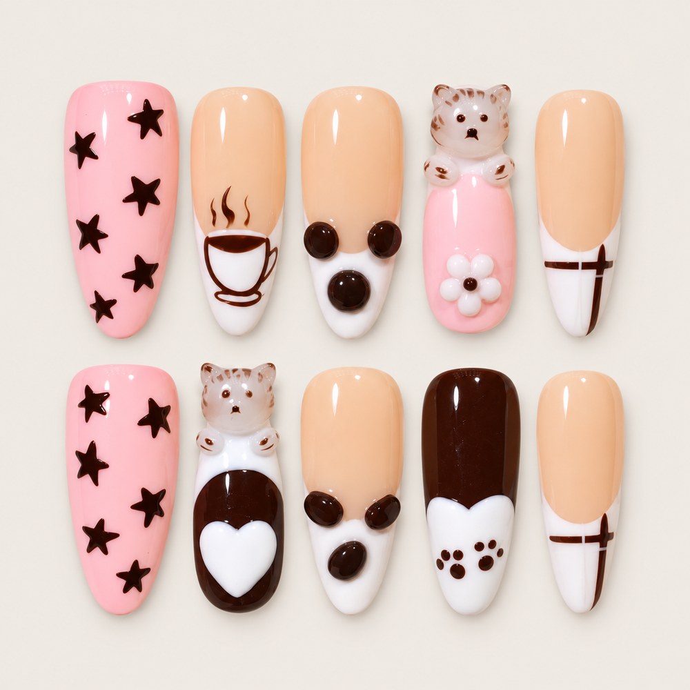 Blush Coffee - Peach Nude Coffee-Themed & Cat Press-On Nails