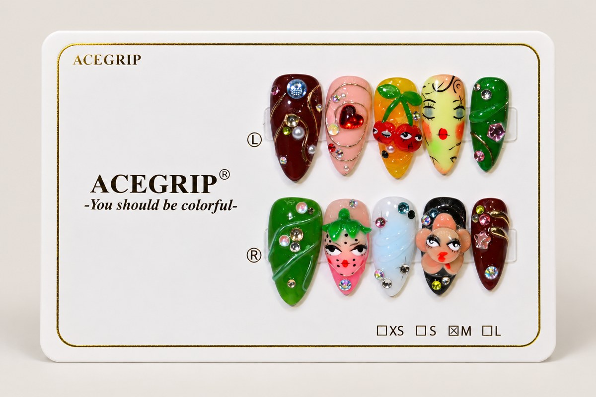 ACEGRIP Scarlet Cherry Expressions, style DX7038, complete 10-nail set on its presentation card