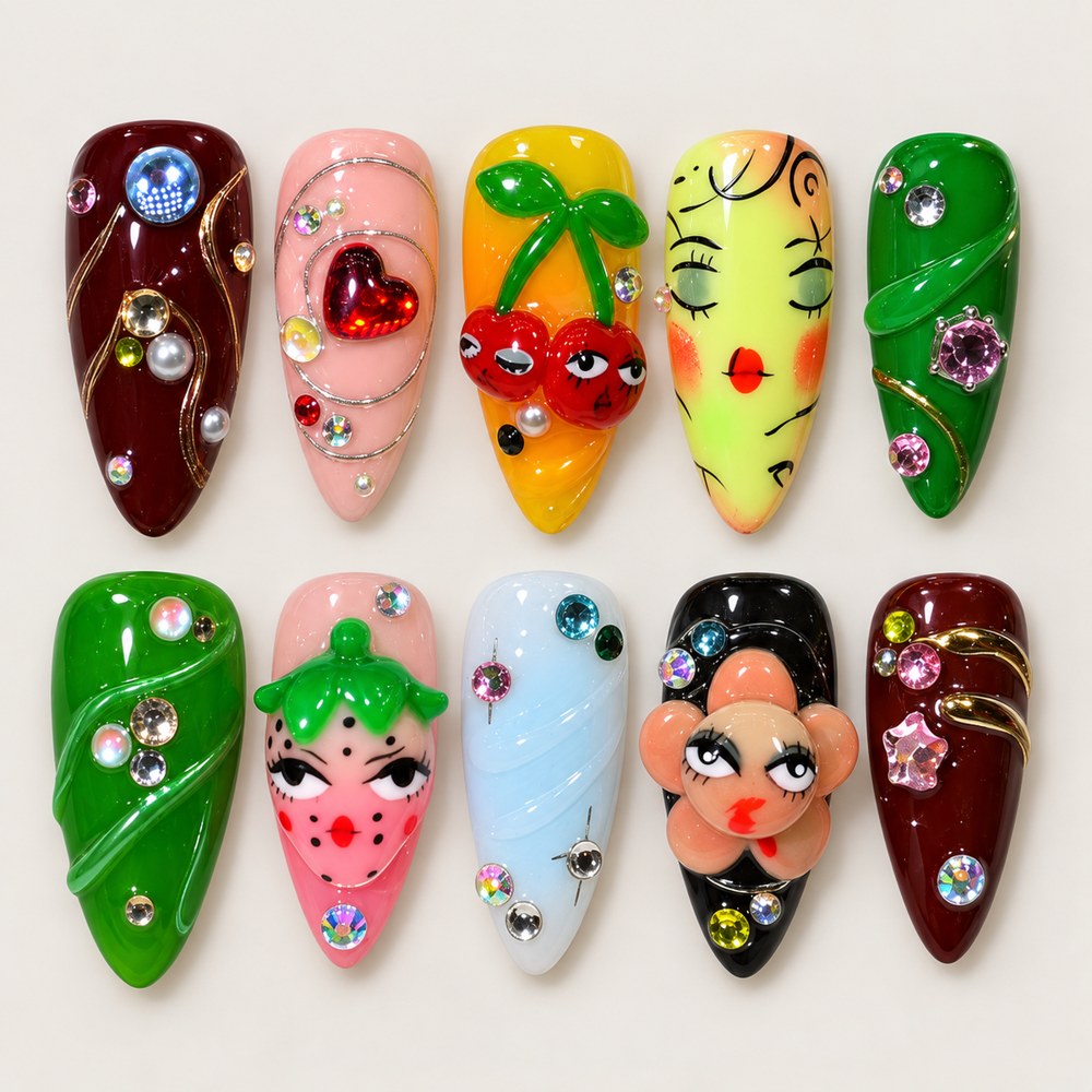 ACEGRIP Scarlet Cherry Expressions press-on nails in red, pink, green, and yellow, with cherry motifs, style DX7038