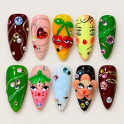 ACEGRIP Scarlet Cherry Expressions press-on nails in red, pink, green, and yellow, with cherry motifs, style DX7038