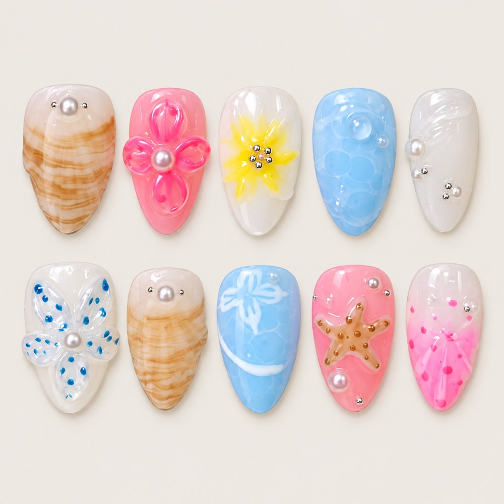 Ivory Garden - White Floral & Shell Press-On Nails