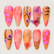 ACEGRIP Rose Butterfly Leaves press-on nails in pink, peach nude, orange, and purple, with butterfly motifs, style DX7040
