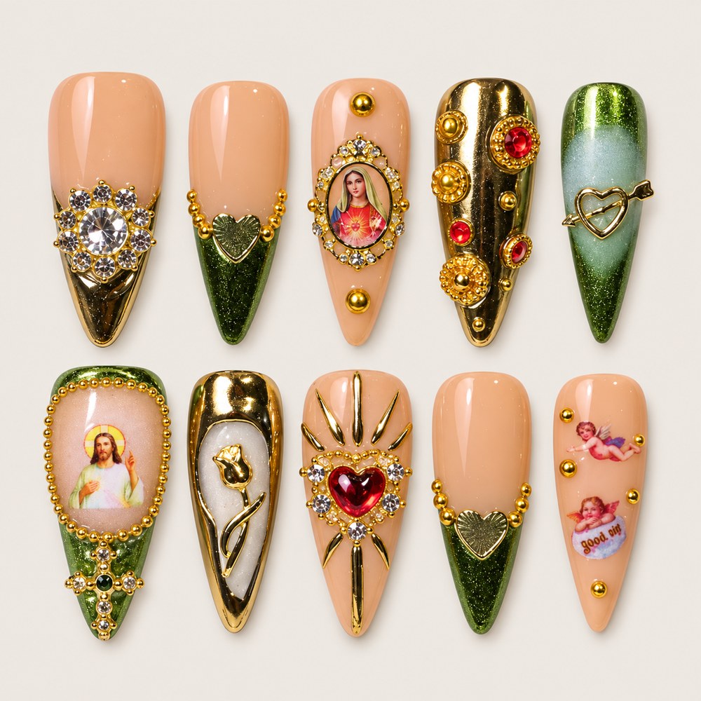 ACEGRIP Blush Medallion press-on nails in peach nude, green, gold tones, and red, with ornamental frames, style DX7041