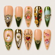 ACEGRIP Blush Medallion press-on nails in peach nude, green, gold tones, and red, with ornamental frames, style DX7041