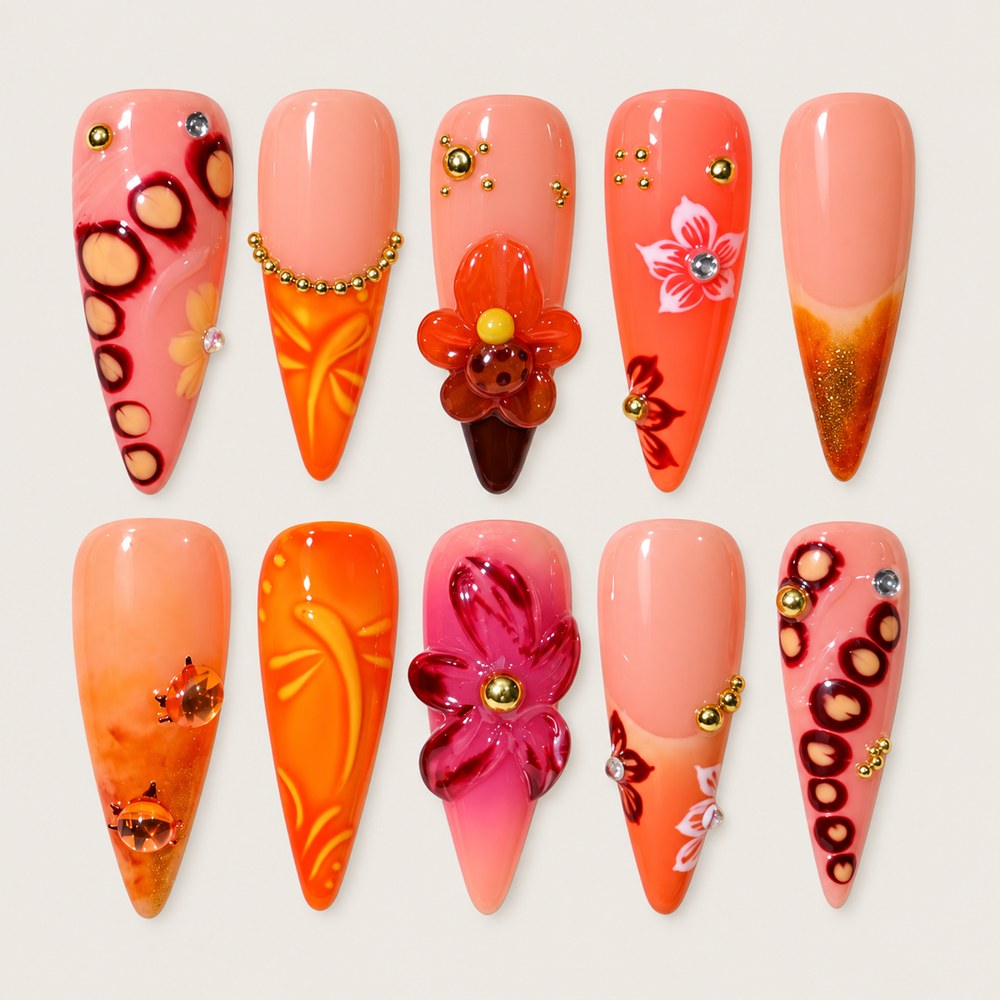 Blush Petal Loops - Peach Nude Floral & Loop Press-On Nails