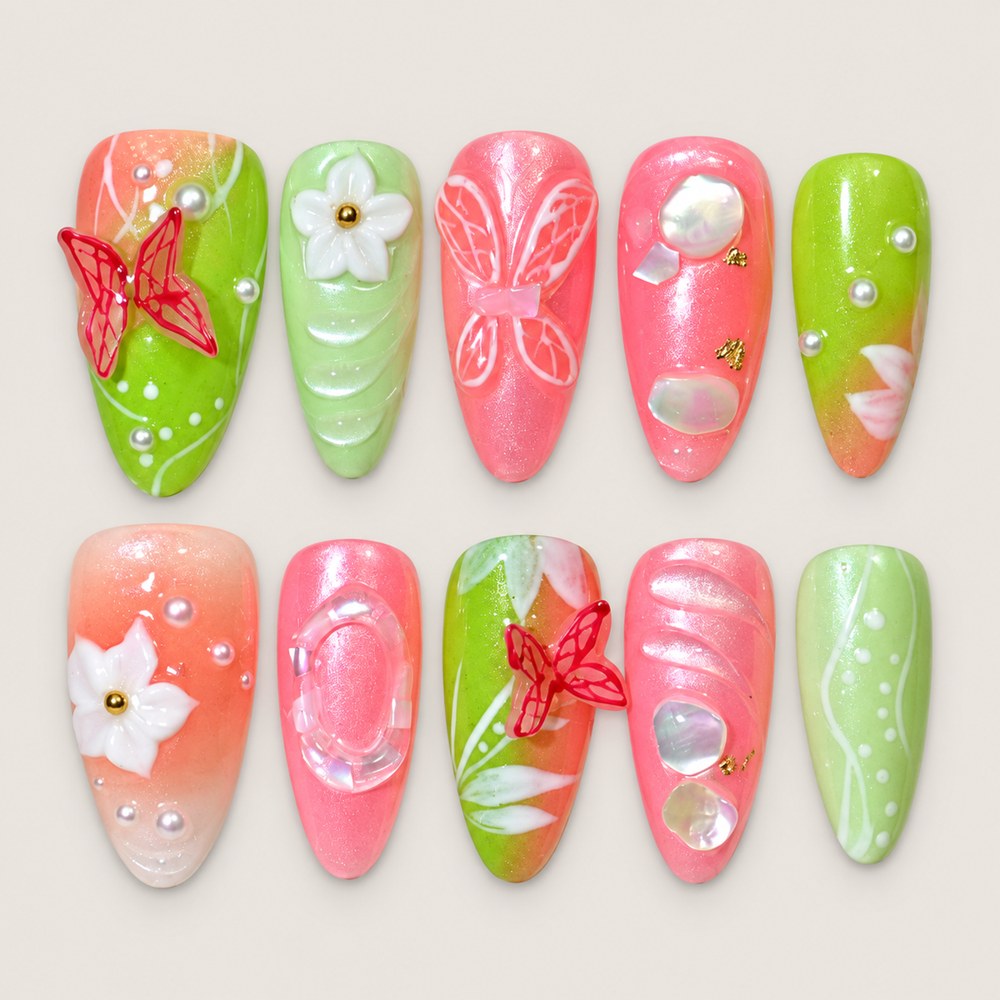 粉色蝴蝶与花卉穿戴甲 - Rose Butterfly Petals