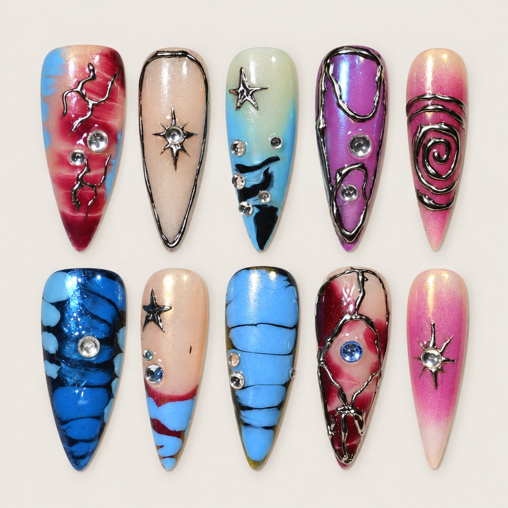 ACEGRIP Azure Constellation press-on nails in blue, pink, purple, and peach nude, with star motifs, style DX7044