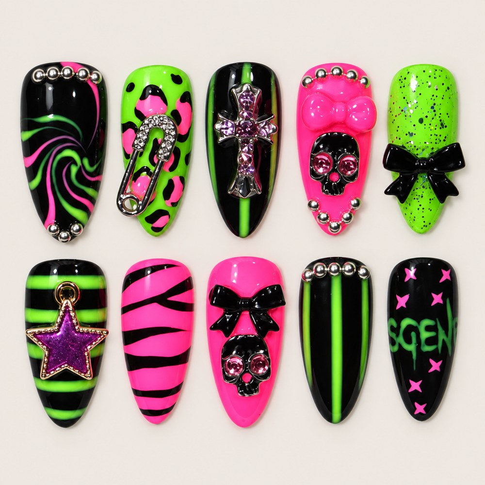 ACEGRIP Onyx Skulls press-on nails in black, lime green, pink, and silver tones, with skull motifs, style DX7045