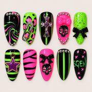 ACEGRIP Onyx Skulls press-on nails in black, lime green, pink, and silver tones, with skull motifs, style DX7045