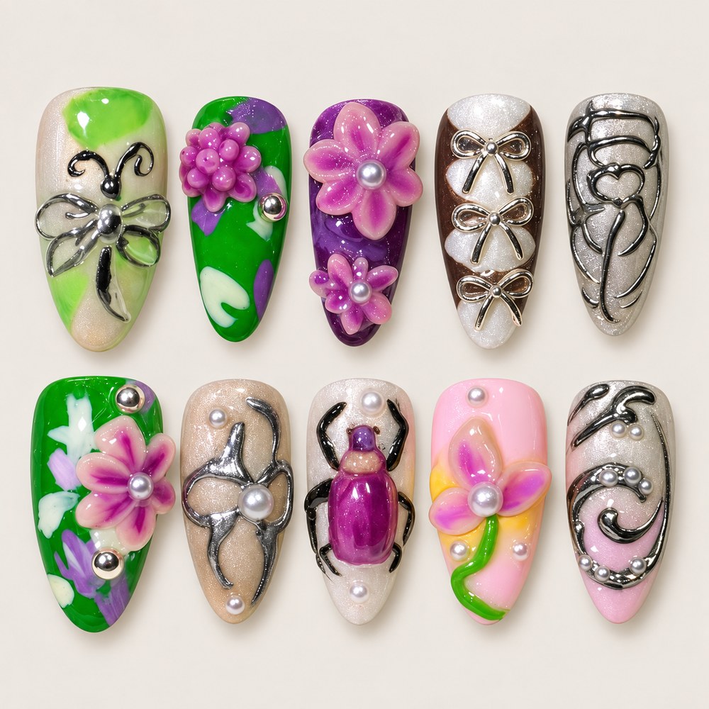 ACEGRIP Jade Petal Insect Garden press-on nails in green, purple, peach nude, and silver tones, with floral accents, style DX7046