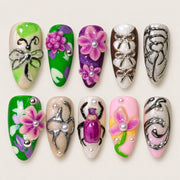 ACEGRIP Jade Petal Insect Garden press-on nails in green, purple, peach nude, and silver tones, with floral accents, style DX7046
