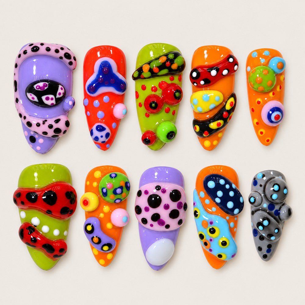 ACEGRIP Violet Dots press-on nails in purple, red, lime green, and blue, with polka dots, style DX7047