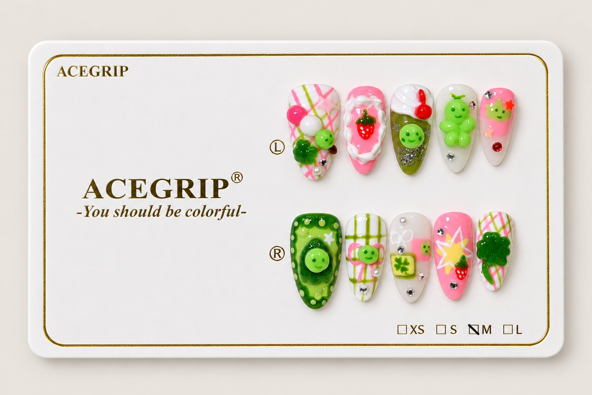 ACEGRIP Rose Clover Berry, style DX7049, complete 10-nail set on its presentation card