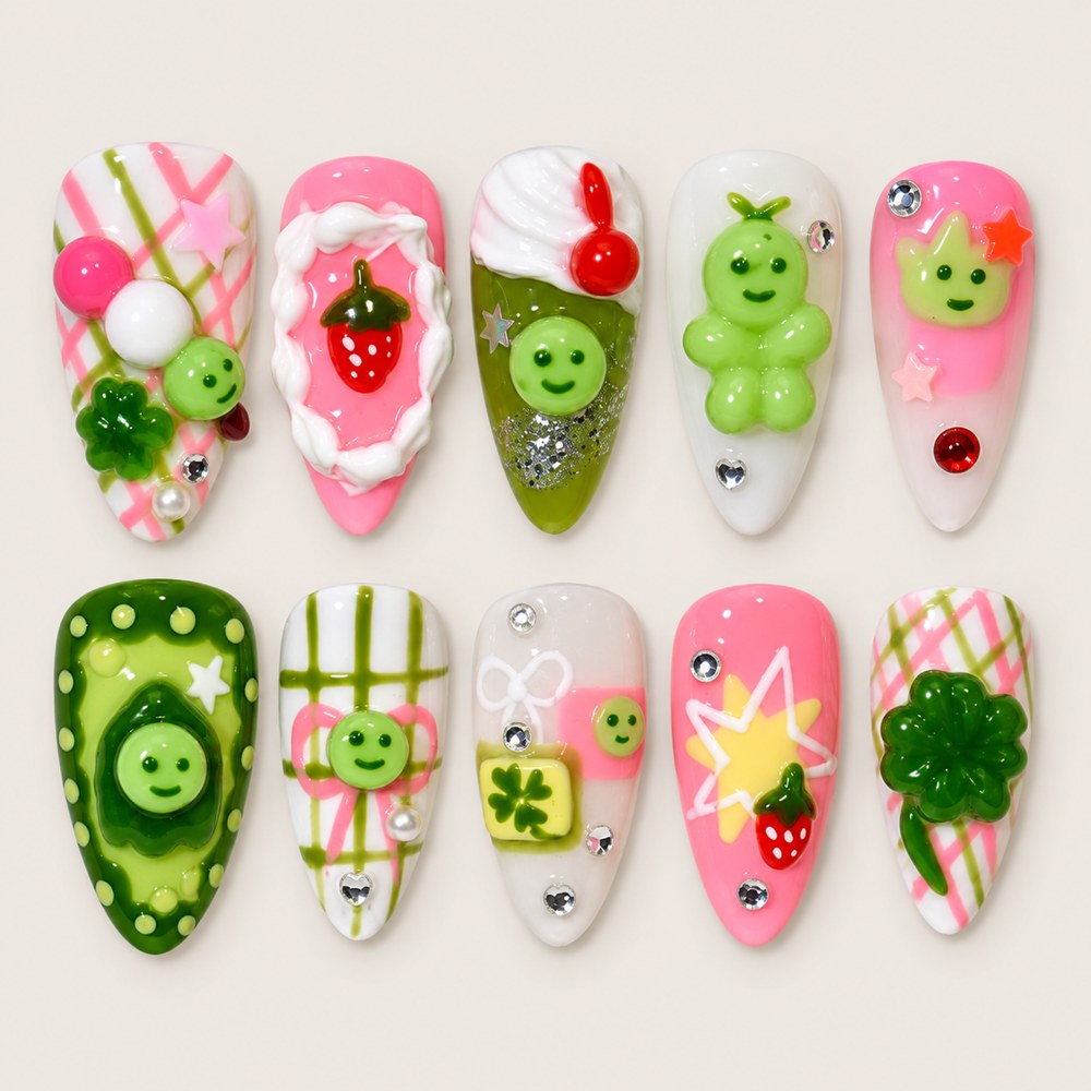 ACEGRIP Rose Clover Berry press-on nails in pink, green, and white, with clover motifs, style DX7049