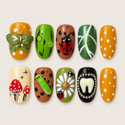 ACEGRIP Lemon Mushroom press-on nails in yellow, green, peach nude, and black, with mushroom motifs, style DX7051