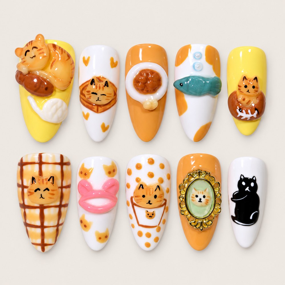 Blush Cat Café - Peach Nude Cat & Check And Grid Press-On Nails