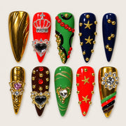 ACEGRIP Golden Crown press-on nails in gold tones, red, green, and navy blue, with crown-shaped accents, style DX7055