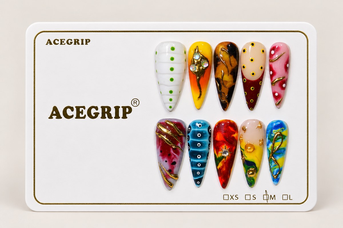 ACEGRIP Ivory Marble, style DX7056, complete 10-nail set on its presentation card