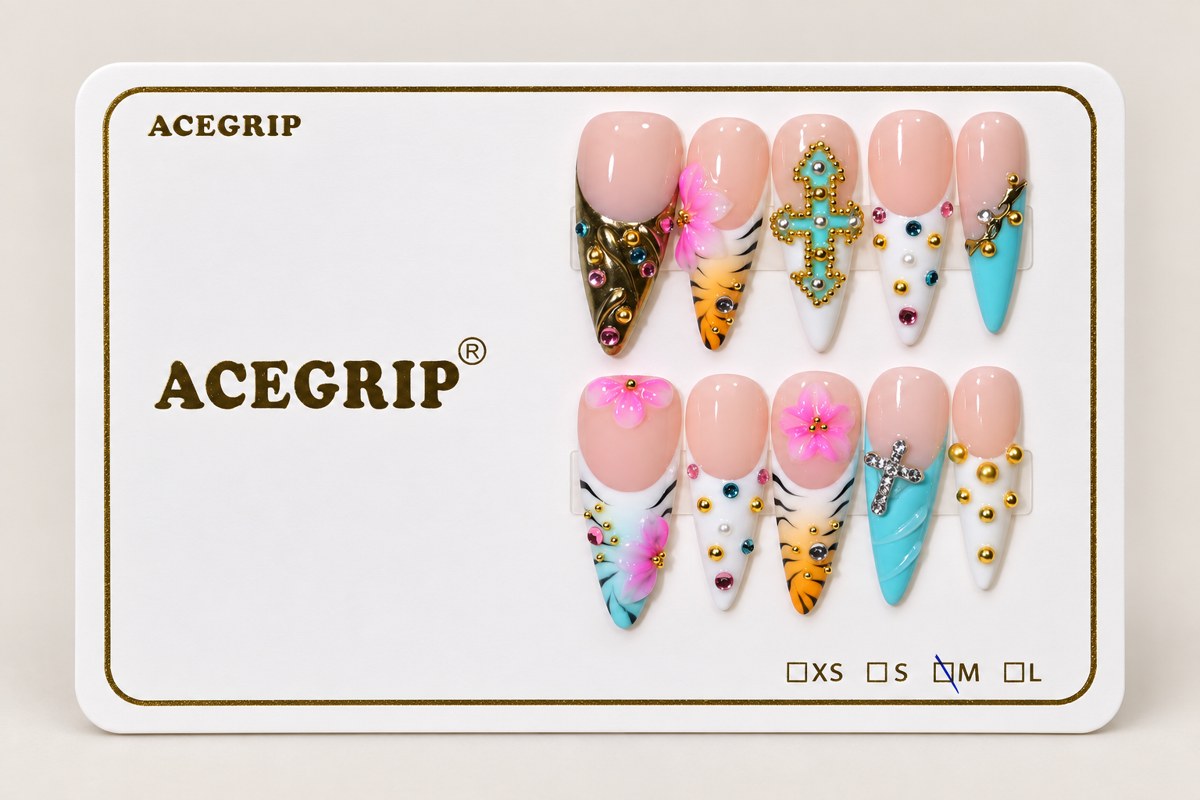 ACEGRIP Blush Cross Petals, style DX7058, complete 10-nail set on its presentation card