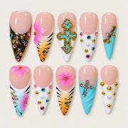 ACEGRIP Blush Cross Petals press-on nails in peach nude, black, yellow, and blue, with cross motifs, style DX7058