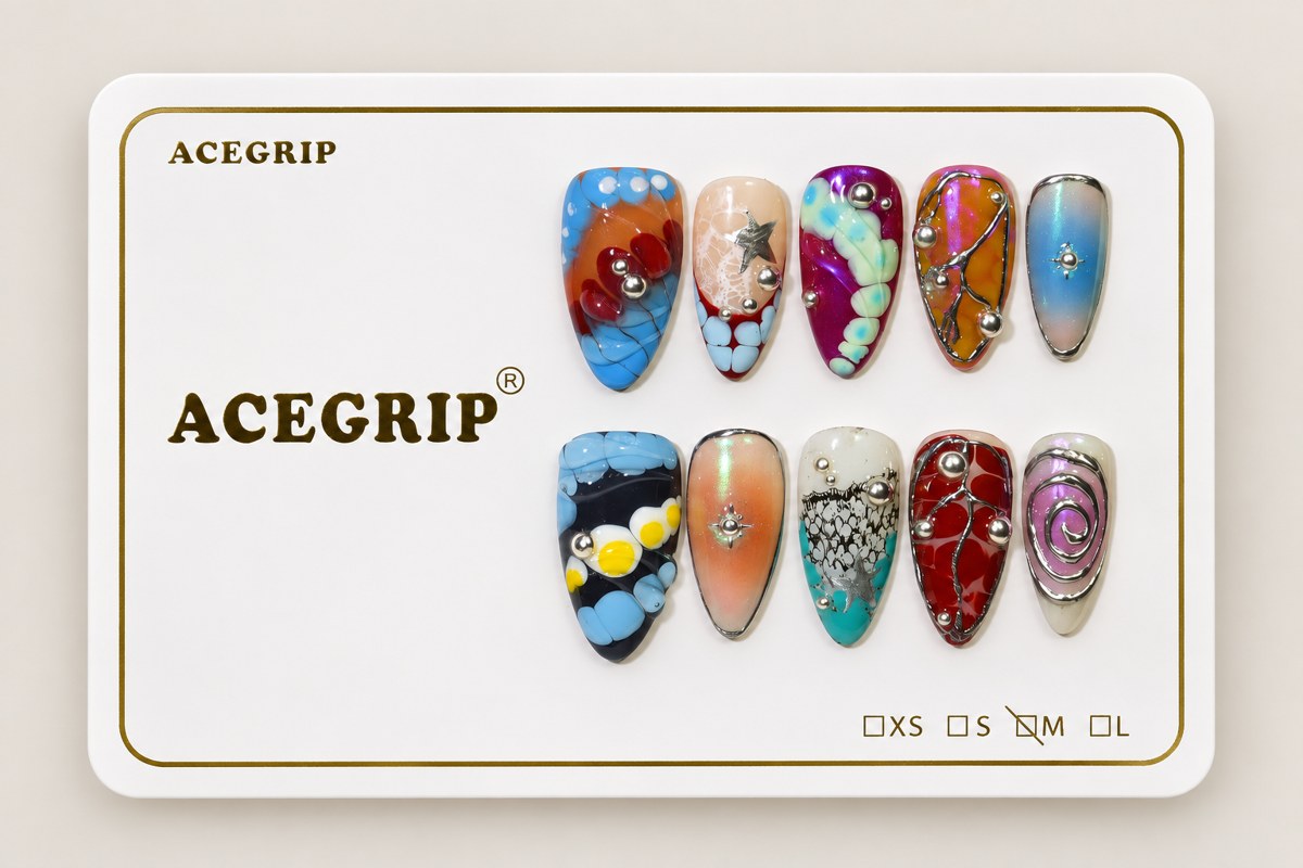 ACEGRIP Azure Bubbles, style DX7059, complete 10-nail set on its presentation card