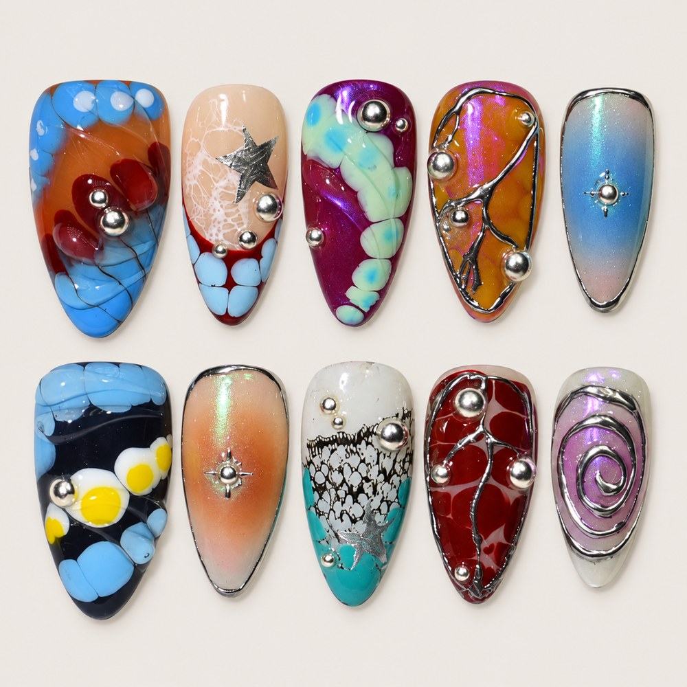 ACEGRIP Azure Bubbles press-on nails in blue, purple, orange, and grey, with bubble-like accents, style DX7059