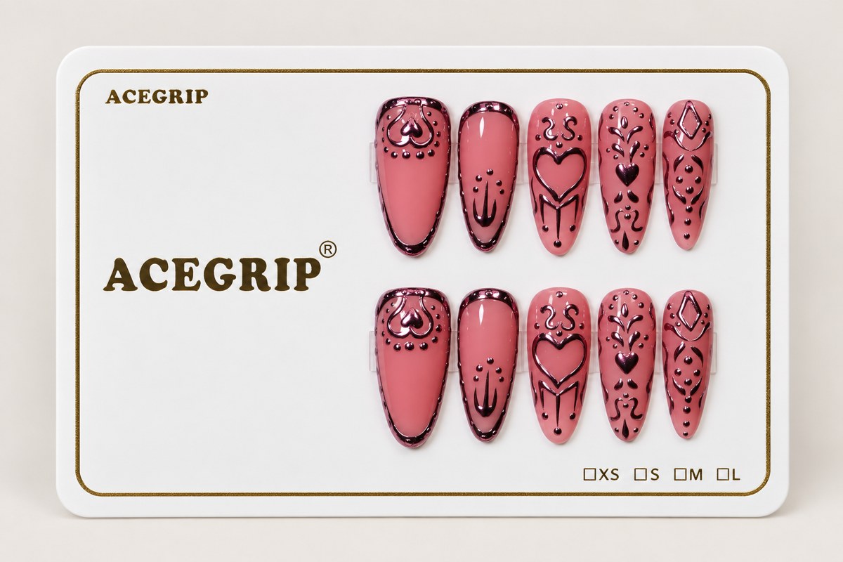 ACEGRIP Rose Heart Linework, style DX7060, complete 10-nail set on its presentation card