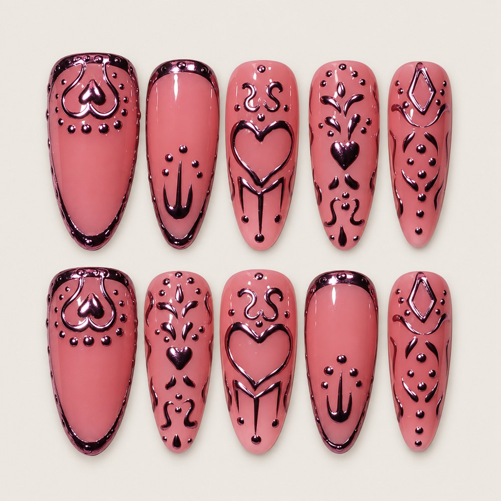 ACEGRIP Rose Heart Linework press-on nails in pink and black, with heart motifs, style DX7060