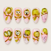 ACEGRIP Rose Petal Leaves press-on nails in pink, green, and yellow, with floral accents, style DX7061