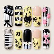 ACEGRIP Onyx Piano press-on nails in black, white, yellow, and pink, with piano-key patterns, style DX7063