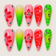 ACEGRIP Rose Petal Stripes press-on nails in pink, red, lime green, and yellow, with floral accents, style DX7064